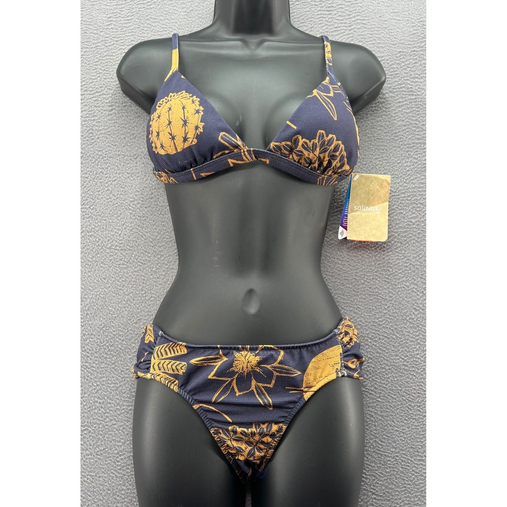 Salinas Bikini Sz L Navy Gold Cactus Print Triangle Two Piece Swimsuit NEW